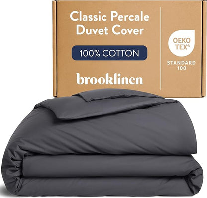 Brooklinen Luxury Percale Duvet Cover – 100% Cotton, Cool, Crisp, Extra-Long Corner Ties, Button Closure, Soft & Breathable – Machine Washable, Duvet Cover Full/Queen Bed Sizes (Slate)