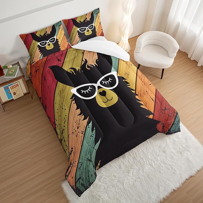 HOSIMA Llama Comforter with 2 Pillowcases Funny Room Decor,with Handsome Alpaca Pattern Vintage Colorful Wood Grain Bedding Set for Boys Girls Teens,Animal Bedding Full Size Comforter.
