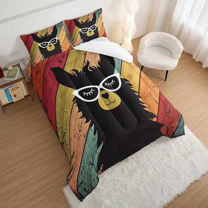 HOSIMA Llama Comforter with 2 Pillowcases Funny Room Decor,with Handsome Alpaca Pattern Vintage Colorful Wood Grain Bedding Set for Boys Girls Teens,Animal Bedding Queen Comforter Set.