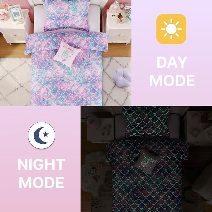 Twin Comforter Set for Girls-3 Pieces Mermaid Glow in The Dark Twin Bedding Sets for Kids,1 Comforter,1 Sham and 1 Decor Pillow