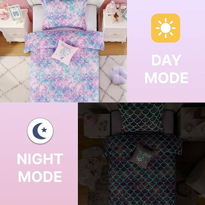 Full Size Comforter Set for Girls-4 Pieces Mermaid Glow in The Dark Full Bedding Sets for Kids, 1 Comforter, 2 Shams and 1 Decor Pillow