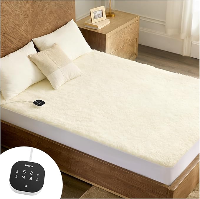 Bwarm Multi-Zone Heated Mattress Pad Twin XL Wool Electic Mattress Pad, Touchscreen Bed Warmer with 9 Heat Settings, 1-12 Hours Auto Off Memory Deep Pocket,Machine Wash White Twin XL 39" x 80"