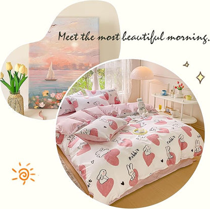 AOJIM Pink Duvet Cover Set Pure Cotton, 1 Rabbit Comforter Cover and 2 Pillowcases, Soft Lightweight Bed Set Queen Size, Quilt Cover for Room Decor (No Comforter)