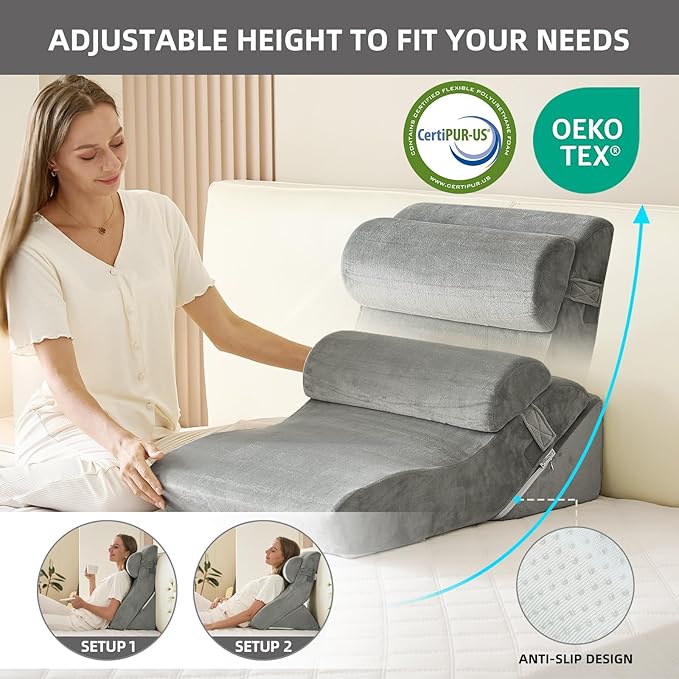 3PCS Orthopedic Bed Wedge Pillow Set, 45D Memory Foam Wedge Pillow Post Surgery for Back, Leg and Knee Support, Wider Adjustable Triangle Pillow Set for Sleeping, Acid Reflux, Anti-Snoring, Dark Grey