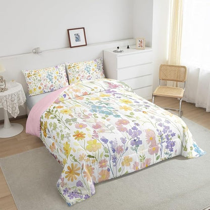 Erosebridal Cute Rainbow Flower Queen Bedding Set for Girls Kids Women,Colorful Boho Floral Comforter Set Rustic Home Decor,Bohemian Wildflower Quilt Bed Set Wild Flowers Bed Comforter Set 3Pcs