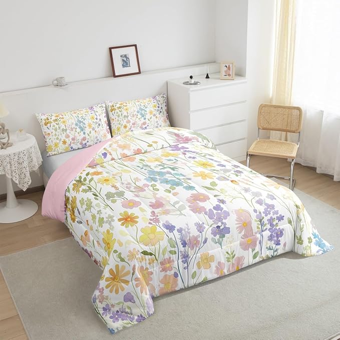 Erosebridal Cute Rainbow Flower King Bedding Set for Girls Kids Women,Colorful Boho Floral Comforter Set Rustic Home Decor,Bohemian Wildflower Quilt Bed Set Wild Flowers Bed Comforter Set 3Pcs
