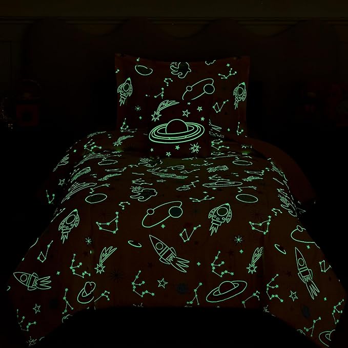 Twin Comforter Set for Girls-3 Pieces Space Glow in The Dark Twin Bedding Sets for Kids,1 Comforter,1 Sham and 1 Decor Pillow