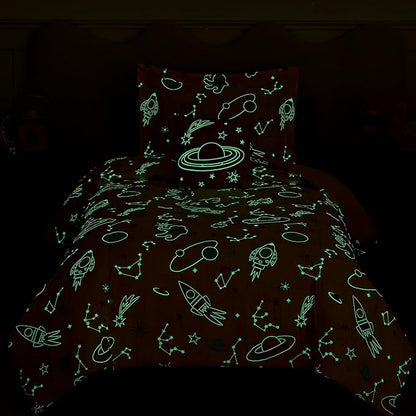 Twin Comforter Set for Girls-3 Pieces Space Glow in The Dark Twin Bedding Sets for Kids,1 Comforter,1 Sham and 1 Decor Pillow