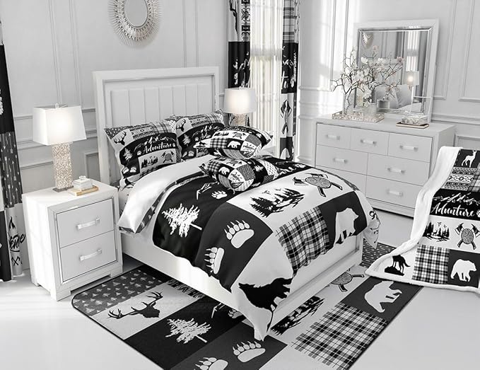 Hunting Adventure Duvet Cover Queen Size,Deer Antler Bear Pine Patchwork Duvet Cover Set for Children Adult,Arrow Lodge Boho Aztec Camper Grid Soft Comforter Cover for Bedroom, Zipper, Ties