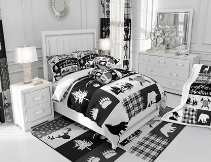 Castle Fairy Rustic Farmhouse Duvet Cover Set Full Size,Deer Bear Wolf Wild Animals Hunting Comforter Cover with 2 Pillowcases,Adventure Plaid Black Check Tribal Breathable Bedspread for Boys Teens