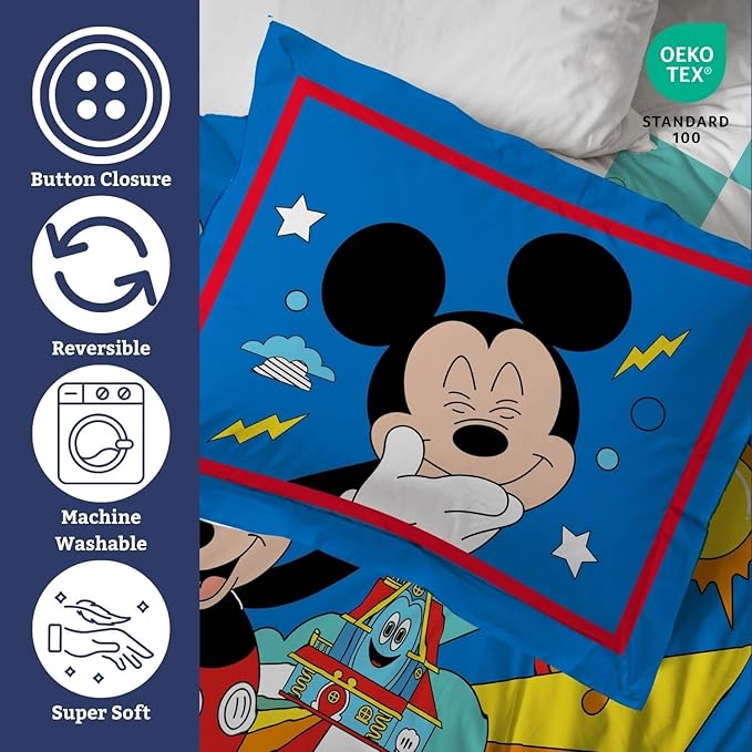 Jay Franco Duvet Cover Set – 3 Piece Comforter Cover and Sham Set, Super Soft Cozy Kids Bedding (Insert Not Included) Blue - Mickey Mouse, Queen