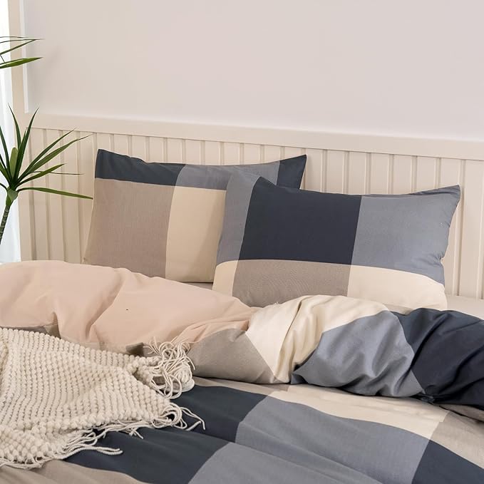 Jane yre King Duvet Cover Set Plaid 100% Brushed Microfiber Reversible 3 Pieces Bedding Set Vintage Style Checkered Pattern Geometric Duvet Cover King with Zipper Closure Luxury Soft Breathable Comfy