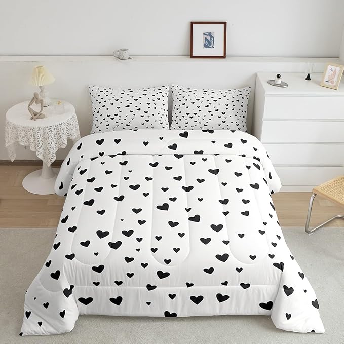 Feelyou Heart Shaped Comforter Set for Girls Boys Kids Toddler Size Soft Kawaii Comforter Room Decor Love Bedding Set Black White Duvet Set