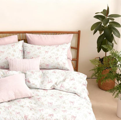 Bow Bedding Duvet Cover Full Size Pink Floral Bedding Set Kids Boys Girls Princess Style Bowknot Ultra Soft Reversible Garden Flower Duvet Cover Set 3Pcs