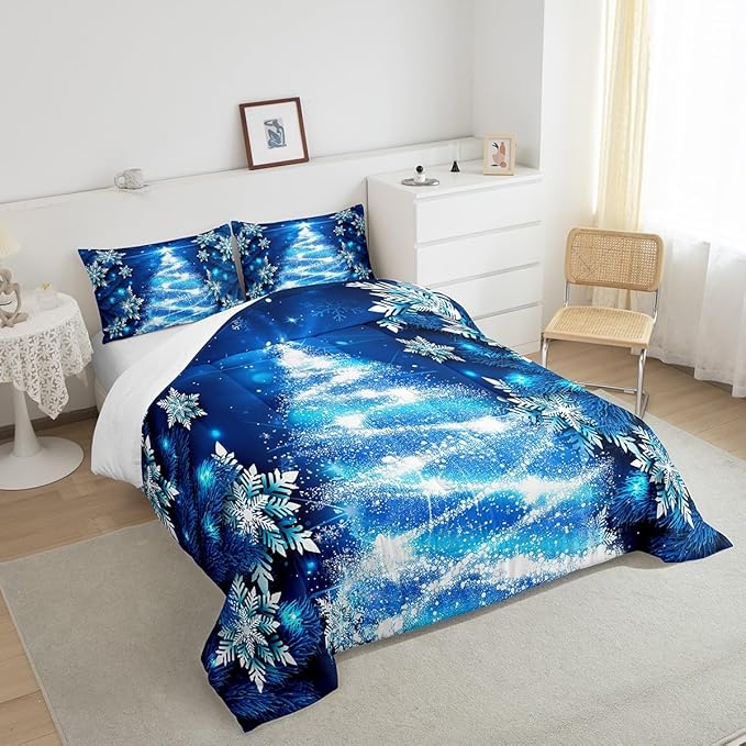 Feelyou Girls Christmas Tree Comforter Set Blue Xmas Theme Comforter Toddler Chic Winter Snowflake Bedding Set for Girls Daughter Bedroom Decor Soft Girly Glitter Quilted Duvet Winter Warm Bedding