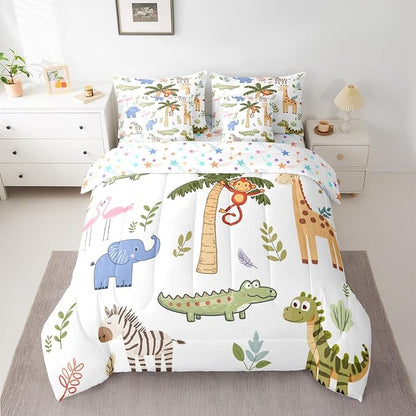 Feelyou Kids Zoo Animals 7 Piece Bedding Set Cute Giraffe Monkey Elephant Comforter Set with Sheets for Kids Boys Girls Plants Printed Bed in a Bag Animal Theme Bed Set Soft Lightweight