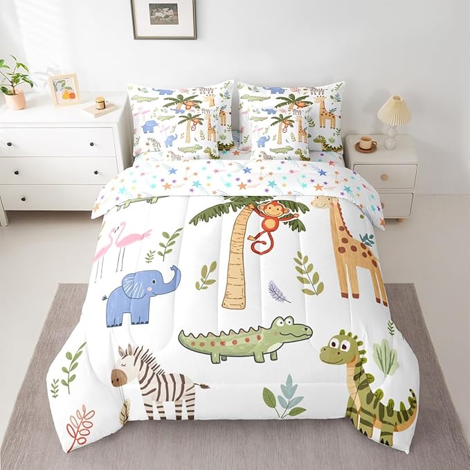 Feelyou Kids Zoo Animals 7 Piece Bedding Set Cute Giraffe Monkey Elephant Comforter Set with Sheets for Kids Boys Girls Plants Printed Bed in a Bag Animal Theme Bed Set Soft Lightweight