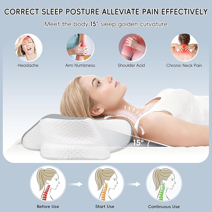 Cervical Neck Pillow for Pain Relief, Ergonomic Contour Pillow for Sleeping, 2 Heights Cooling Pillow for Neck and Shoulder Support, Memory Foam Orthopedic Pillow for Side Back Stomach Sleepers
