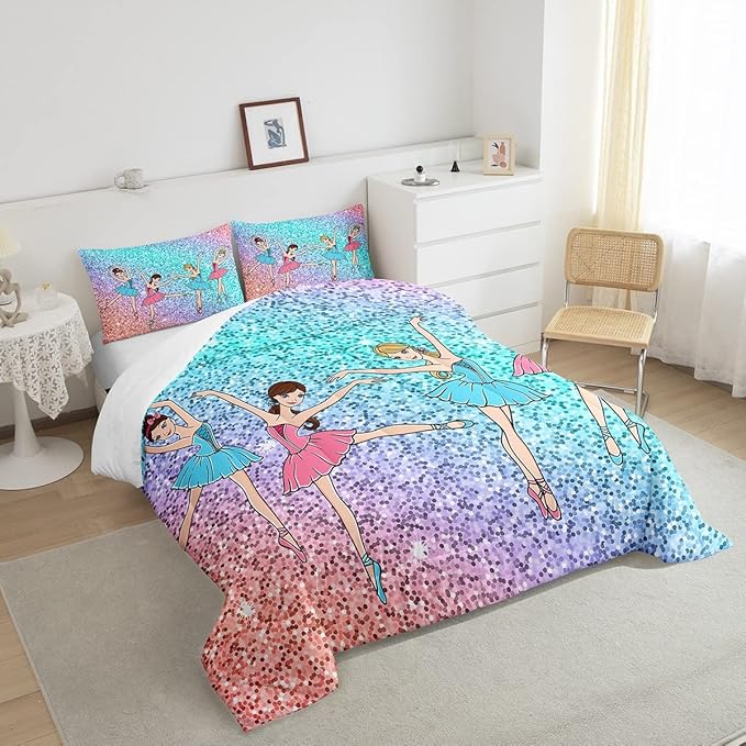 Feelyou Ballet Comforter Set Galaxy Ballet Dance Bedding Set for Kids Boys Girls Women Glitter Graceful Dancer Decor Comforter Dreamy Girly Quilt Set with 2 Pillowcases 3Pcs Bedding Full