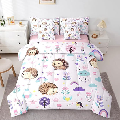 Erosebridal 7 Pieces Bed in a Bag Full Bedding Set with Sheets,Floral Hedgehog Comforter Sets for All Season,1 Comforter, 2 Cushion Covers, 1 Flat Sheet, 1 Fitted Sheet, 2 Pillowcases