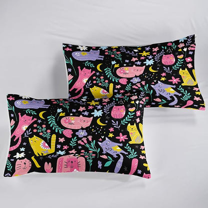 QOOMO Floral Cat Comforter Queen Size,Black Cats Bedding Set for Kids Teens Girls,3Pcs Bedding Set Printed Comforter with 2 Pillowcases,Down Alternative,Soft and Lightweight(Black，Queen Size)