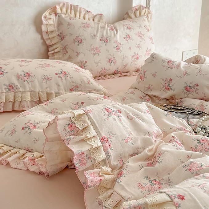 BuLuTu Pink Floral Duvet Cover Full with Lace Ruffles, Romantic Princess Bedding Set for Girls Kids Teens, 100% Cotton Muslin Quilt Cover Cottage Comforter Cover with Zipper & 4 Ties