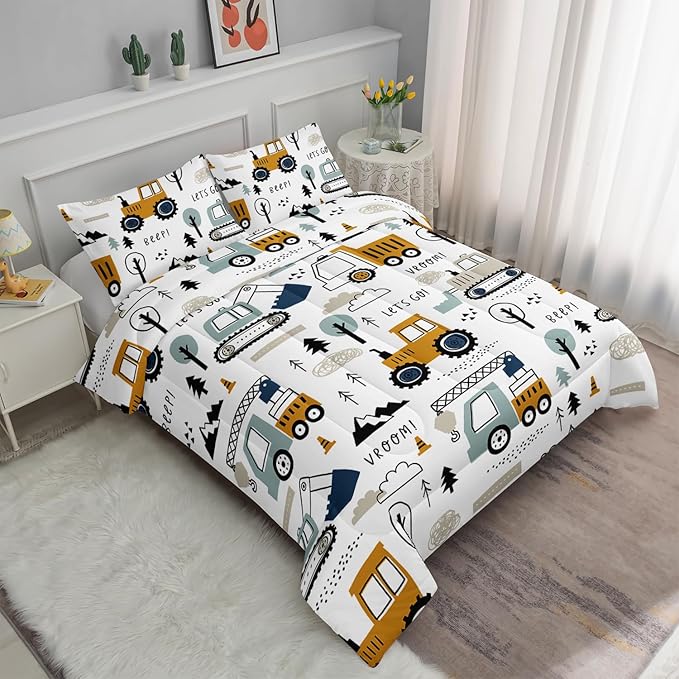 Cartoon Car Comforter Set Kids Construction Printed Bedding Set with 1 Comforter and 2 Pillowcases for Boys and Girls Bedroom All Season(Car Full)