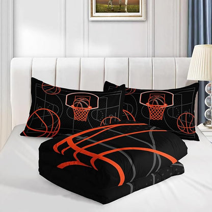 Basketball Court Print Full Comforter Set for Boys,Ball Sports Games Bedding Set for Teens Kids Bedroom Decor,Orange Basketball Comforter Sets with 2 Pillowcases.