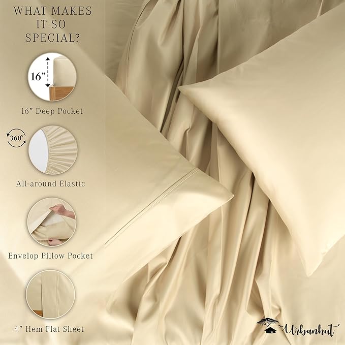 URBANHUT 1000 Thread Count Queen Size Egyptian Cotton Sheets, Long Staple Soft & Breathable, 4 Pc Bed Sheet Sets, Luxury Hotel Sateen Sheets Fits 16" Deep Pocket - Sand