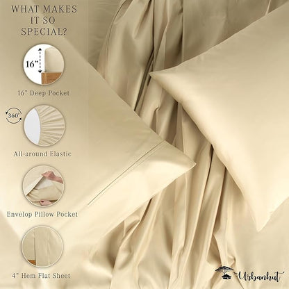 URBANHUT 1000 Thread Count Queen Size Egyptian Cotton Sheets, Long Staple Soft & Breathable, 4 Pc Bed Sheet Sets, Luxury Hotel Sateen Sheets Fits 16" Deep Pocket - Sand