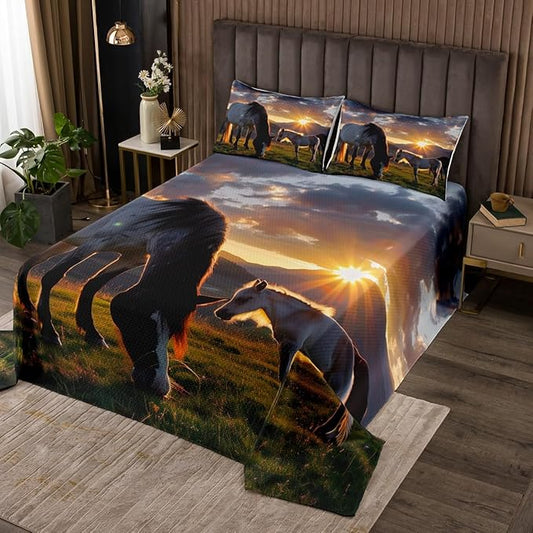 Erosebridal Horse Bedspread, Mountain Coverlet Set for Kids Teens Adult Boys, Natural Landscape Sunset Quilted Bedspread Quilt Set, Home Bedroom Decor for All Season, Twin Size