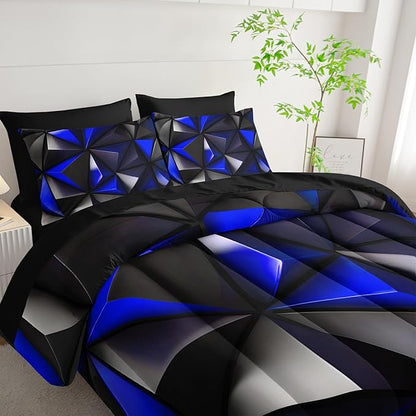Geometric Twin Comforter Set,Blue Black Honeycomb Bedding Set 7 Piece with Comforter Fitted Sheet Flat Sheet Pillowcases,Bed Sets Geometry Decor,Microfiber Lightweight All Season.