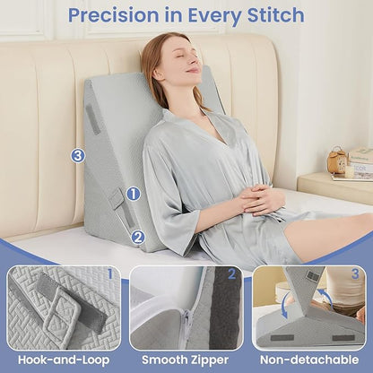 Sasttie Wedge Pillow for After Surgery, Adjustable Bed Wedge Pillow Headboard for Acid Reflux, Sleeping, Neck & Back Support, with Removable Cover, Light Grey
