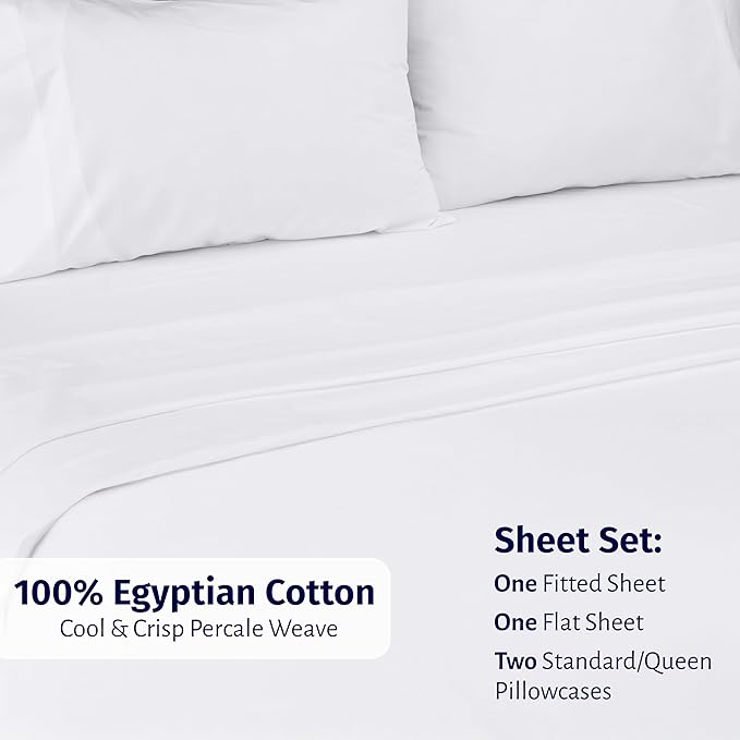 California Design Den Certified 100% Egyptian Cotton Full Size Sheets Set - Lightweight & Crisp Percale Cotton Sheets Full with Deep Pockets, Durable Luxury Bedding Set - White