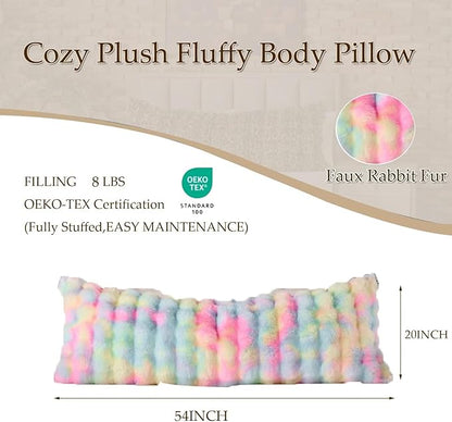 Luxury Shaggy Faux Fur Body Pillow,Fluffy Bed Pillow with Zipper Closure, Soft Decorative Plush Full Long Pillow,Fuzzy Hug Pillow for Home Living Room Side Sleeper & Pregnancy 20"x54" Rainbow