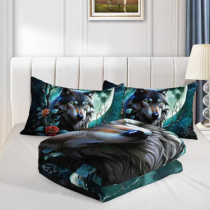 Wildlife Themed Bedding Wolf Comforter Set,Spooky Spider Web Vine Print Comforter Full Kids Bed in a Bag,Moonlight Aesthetic Bedding Sets for Boys Teens Room Decor with 2 Pillowcases.