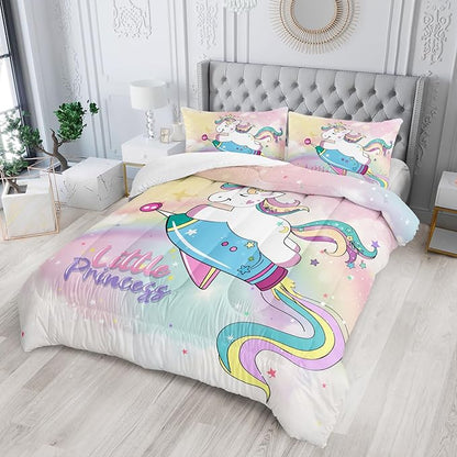 Kid Unicorn Comforter Set Full Size Space Rocket Rainbow Star Dot Pattern Quilt Bedding Set for Boys Girls with 1 Comforter and 2 Pillowcases
