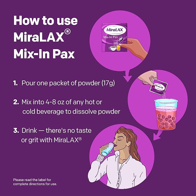MiraLAX Laxative Powder for Gentle Constipation Relief for Adults, Stool Softener with PEG 3350, Nonstimulant Laxative, No Harsh Side Effects, Single Dose Mix-In Pax, Travel Pack, 40 Doses