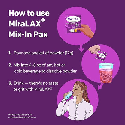 MiraLAX Laxative Powder for Gentle Constipation Relief for Adults, Stool Softener with PEG 3350, Nonstimulant Laxative, No Harsh Side Effects, Single Dose Mix-In Pax, Travel Pack, 40 Doses