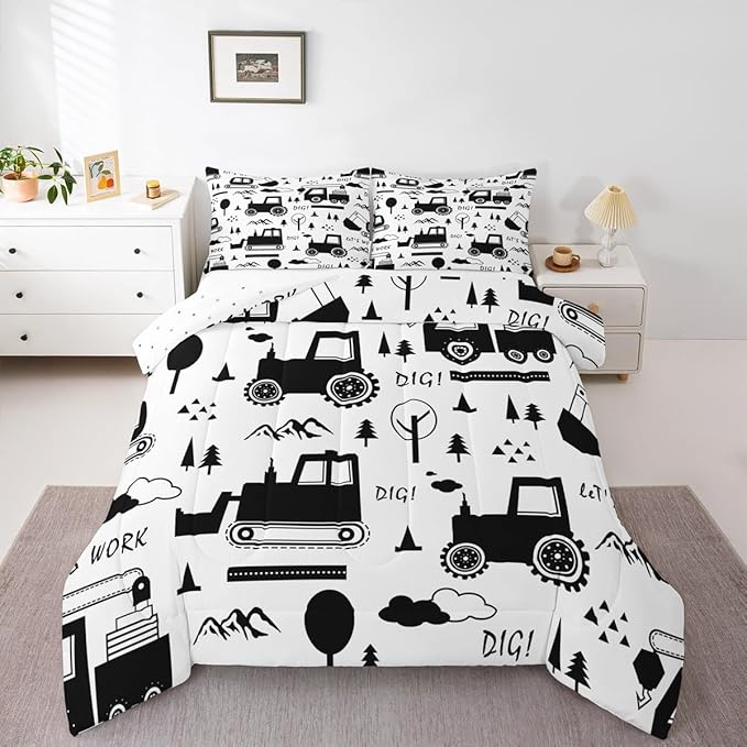 Feelyou Construction Bedding Set Twin Size Equipment Trucks Comforter Set for Kids Boys Girls Decor Cartoon Car Excavator Tractor Comforter Black White Duvet Set Bedroom Quilt Set with 1 Pillow Case