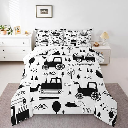 Feelyou Construction Bedding Set Twin Size Equipment Trucks Comforter Set for Kids Boys Girls Decor Cartoon Car Excavator Tractor Comforter Black White Duvet Set Bedroom Quilt Set with 1 Pillow Case
