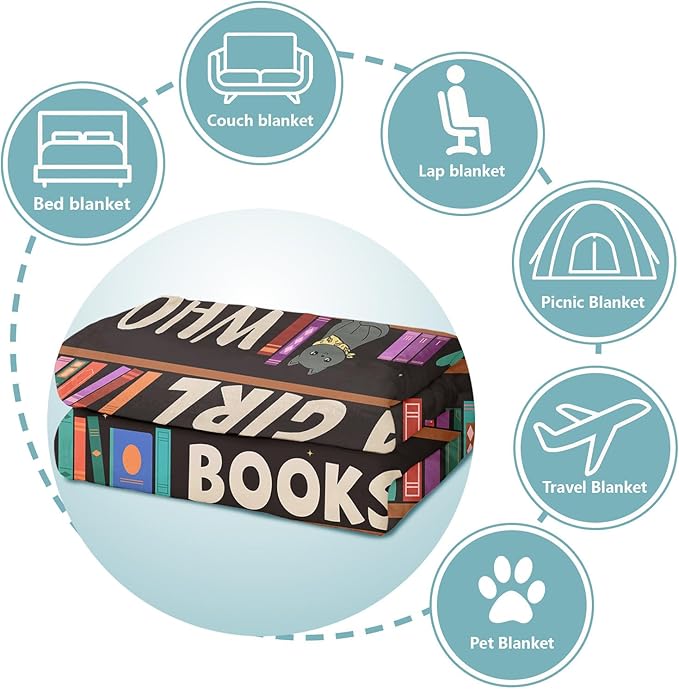 Reading Lover Blanket, Just A Girl Who Loves Books Blanket, Soft Warm Cozy Fleece Throw, Gifts for Girls Women Kids, 40"x50", Black