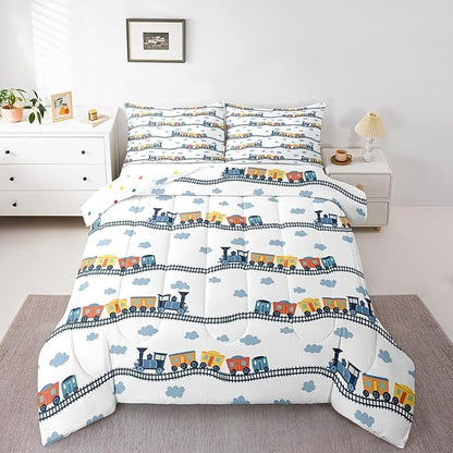 Erosebridal Cute Steam Engine Comforter Set Queen for Kids Toddlers Kawaii Train Bedding Set Construction Vehicles Bedding Comforters & Sets Cartoon Railway Down Comforter Boys Car Theme Bed Set 3pcs