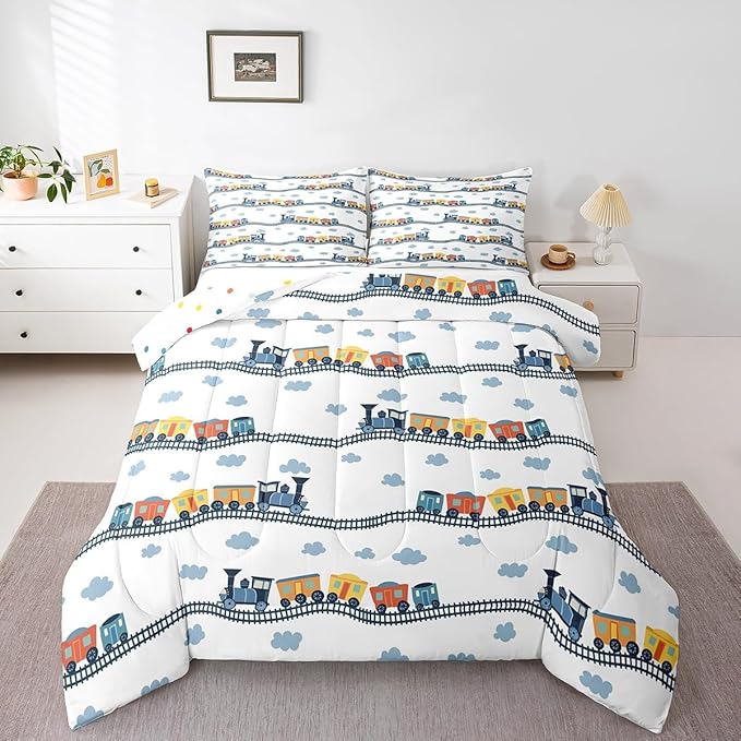 Erosebridal Car Bedding Sets for Boys Cute Train Comforter Set Rainbow Trucks Bedding Comforter Sets Colorful Steam Engine Duvet Set Black Railway Roads Quilt Set Cartoon Style Kids Bedroom Decor