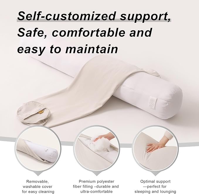 Long Round Body Pillow for Adults – Bolster Pillow for Bed, Cervical Roll Pillow, Firm Support for Sleeping,47 x 7.87 Inches,Misty White