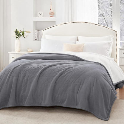 Sealy Electric Blanket Queen Size, Flannel & Sherpa Heated Blanket, 10 Heat Settings, Auto Shut Off, Machine Washable, Light Grey, 84 x 90 Inch
