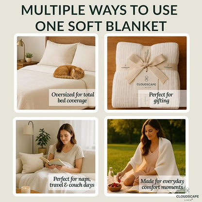 Cloud Scape Linen 8-Layer Muslin Blanket Queen Size - 100% Cotton, Soft and Breathable, Oversized Winter Blanket, Fits up to Full Size Bed, 92x92, White