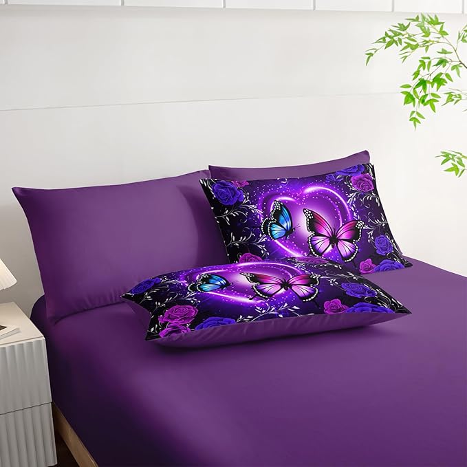 Purple Butterfly Comforter Set 7 Piece King Size Bed in A Bag,Dreamy Butterfly Bedding for Girls Room Decor,Soft Microfiber Comforter with Fitted Sheet,Flat Sheet, Pillowcases & Shams