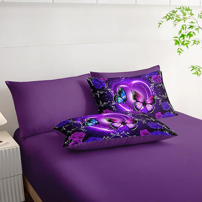Purple Butterfly Comforter Set 7 Piece King Size Bed in A Bag,Dreamy Butterfly Bedding for Girls Room Decor,Soft Microfiber Comforter with Fitted Sheet,Flat Sheet, Pillowcases & Shams