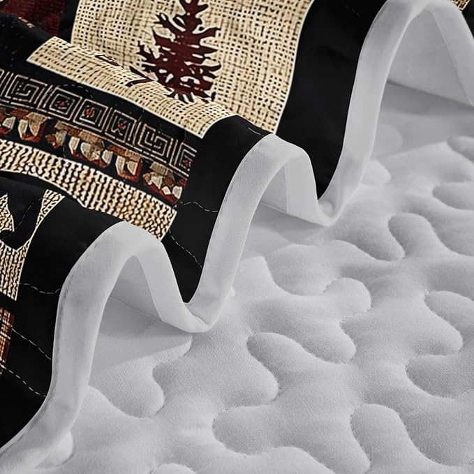 Rustic Black Bear Quilt Bedding Twin 3Pcs Natural Forest Wild Hunt Animal Bear Canoe Bed Set Retro Tree Grid Pattern Bedspread Coverlet with 2 Pillowcases for Kid Boy Girl Teen Adult Bed Decor